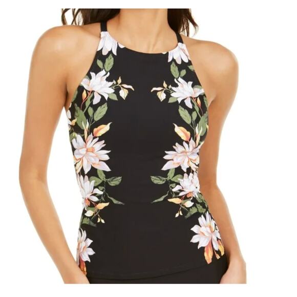 Calvin Klein High Neck Halter Black Floral Crossback Swim Tankini NWT XS - Picture 2 of 4